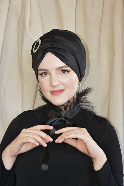 ARTİZİA stone brooch detailed unfilled islamic cap, ready-made shawl, turban