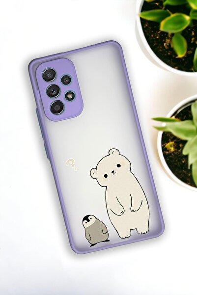 mooodcase Samsung A33 Uyumlu Penguen ve Ayıcık Desenli Buzlu Şeffaf Lüx Telefon Kılıfı