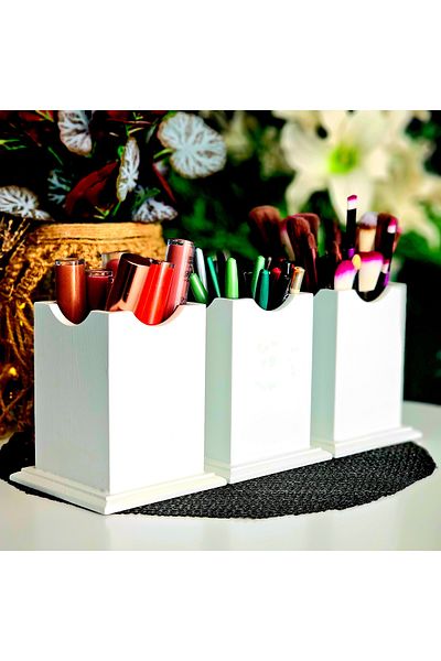 Tekir 3-Piece White Lacquer Square Type Pen and Makeup Organizer