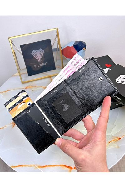 Fil Deri Genuine Leather Mechanism Rfid Protected Automatic Card Holder Wallet