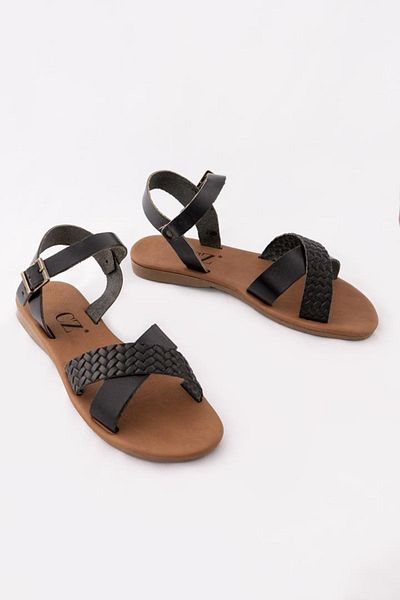 CZ London Echtes Leder Damen Sandalen Hausschuhe Cross Knit Banded Flache Bequeme