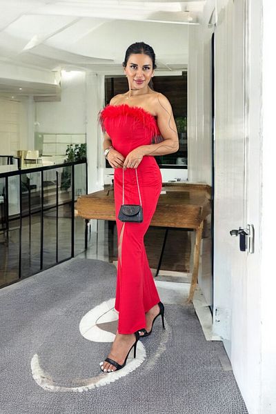 ALFUDO Moda Collection Κόκκινο Κρεπ Βραδινό Φόρεμα - Φόρεμα με λεπτομέρεια με σχισμή