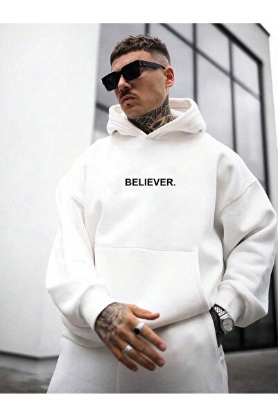 coolart Hanorac de iarnă gros, cu glugă, cu imprimeu alb Believer