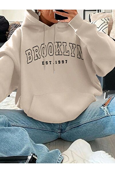 Cool Art Brooklyn 1997 Kalın Kışlık Sweatshirt - Bej Baskılı Oversize Şardonlu Cepli Kapüşonlu