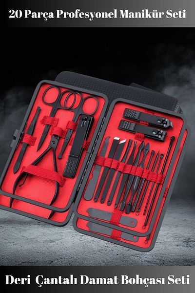 Hane Dostu 19+1 Piece Manicure Pedicure Set - with Leather Bag, Black Nail Clipper and Groom's Package