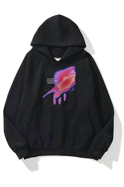 coolart Blessing Μαύρο Φούτερ με Κουκούλα Oversize - Χοντρό Χειμερινό, με Τσέπες