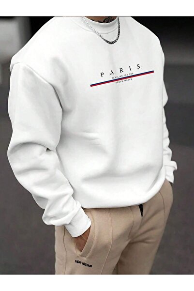 SeusCraft Χοντρό χειμερινό φούτερ Paris με ρίγες - Λευκό με στάμπα, Oversize,...