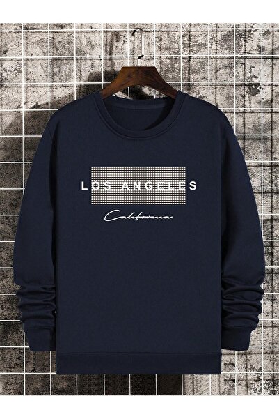 SeusCraft Los Angeles Noktalı Kalın Kışlık Sweatshirt - Lacivert Baskılı Over...