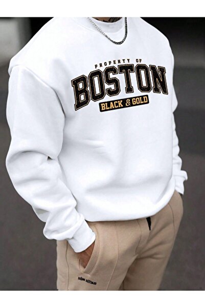 SeusCraft Boston Property Oversize Λευκό Χειμερινό Φούτερ με Στάμπα - Λαιμόκο...