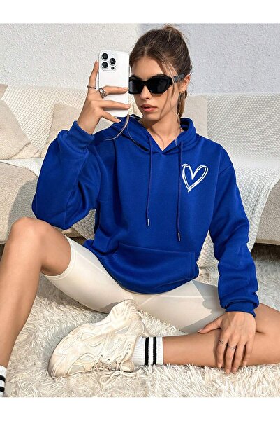 coolart Sax Blue Printed - Χοντρό χειμερινό φούτερ με σχέδιο καρδιάς, με κουκ...