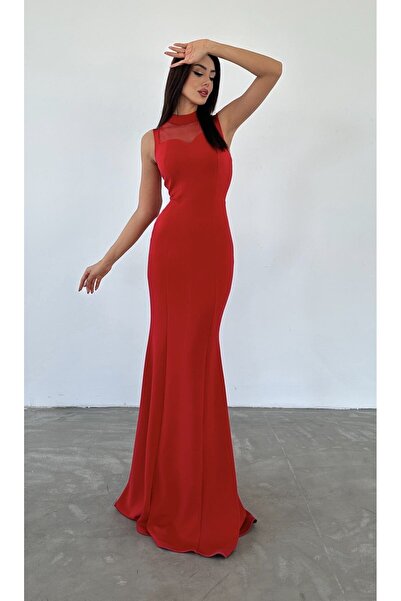 WoolnClyde Kadın Kırmızı Göğüs Payetli Tül File Detaylı Şeritli Maxi Boy Balı...