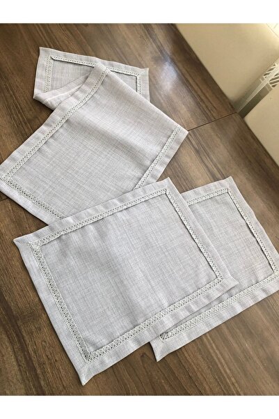 İpekce kanavice 3 Parça Dantelli Runner Peçete Takımı