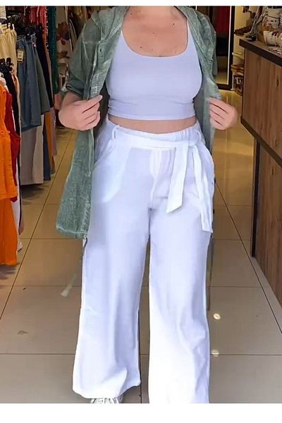 AKŞEN GİYİM Plus Size Authentic Trousers with Belt and Elastic Waist - Double Pocket Muslin Cotton