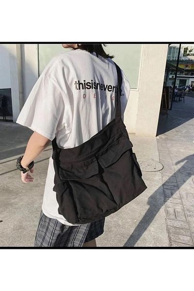 Touz Geantă Messenger Vintage Unisex Cargo Pocket Mare Neagră
