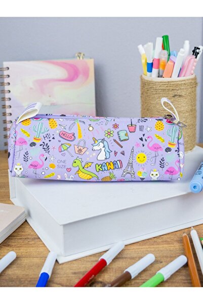 OneSize Kalem Kutusu  Unicorn-Flamingo Kawaii  Üçgen Tasarım Vegan Deri (Kalemlik ve Makyaj Çantası)