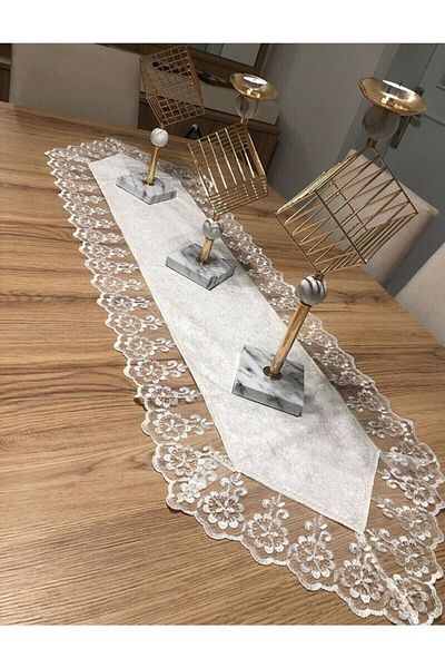 Çt Çeyizci Tekstil Velvet Lace Detailed Cream Runner (140x40cm)