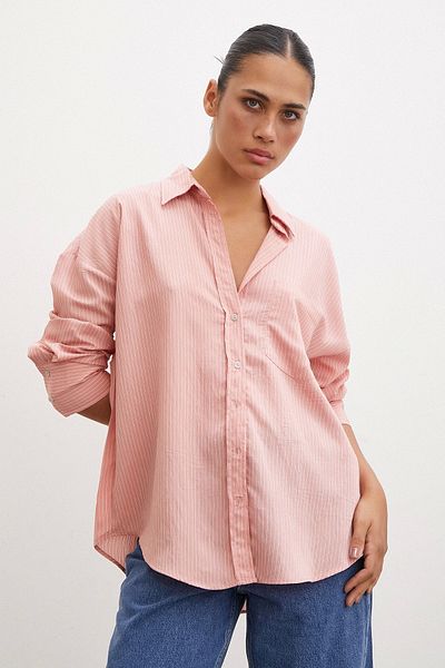 Never more Ριγέ πουκάμισο Dusty Rose με τσέπες