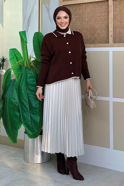 Bym Fashion Καφέ Πλεκτή Ζακέτα - Λεπτομέρεια με πέτρινο κουμπί, Μοντέλο 2-1570