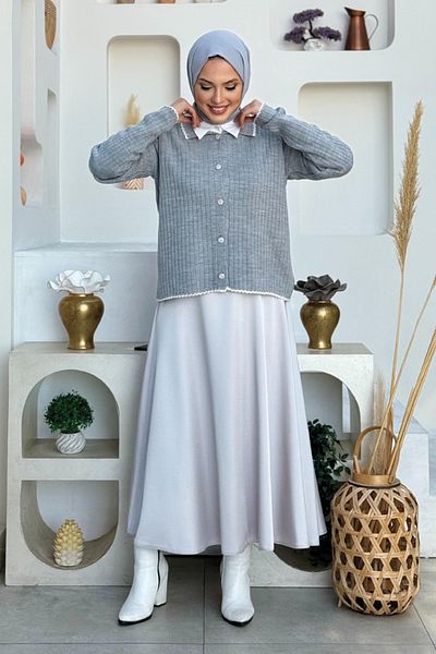 Bym Fashion Πλεκτό Ζακέτα με Πέτρινο Κουμπί 2-1570 Γκρι
