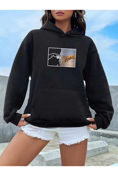 khufu Унисекс суитшърт с качулка и щампа „Ръка на Бога“ в черен цвят