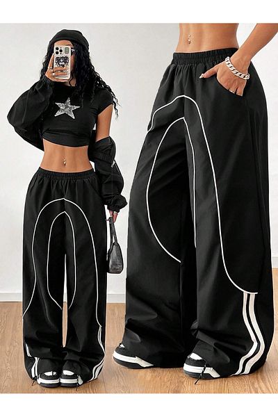 Gofeel Unisex Y2k Line Parachute Sweatpants - Line Detailed