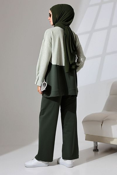 Mihran Butik Khaki Green Women's Sports and Comfortable Hijab Set - Seasonal Combed Cotton Bottom and Top Set