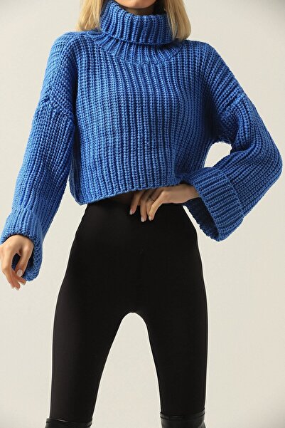 Dier Moda Kadın Siyah Balıkçı Yaka Örgü Crop Triko Kazak