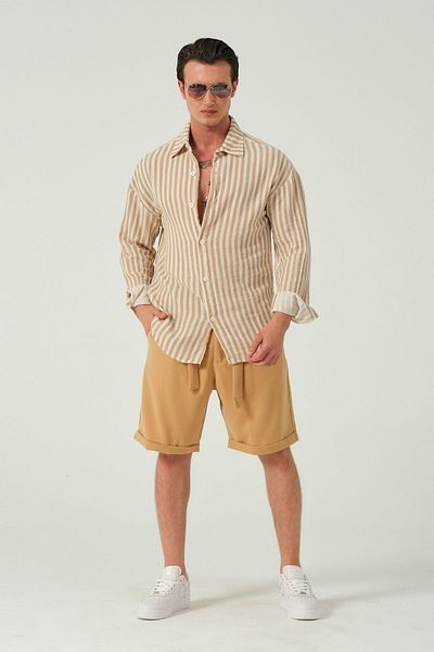 RELAXL Ανδρικό πουκάμισο μουσελίνας Oversize - 100% βαμβάκι, μπεζ ριγέ καλοκαίρι