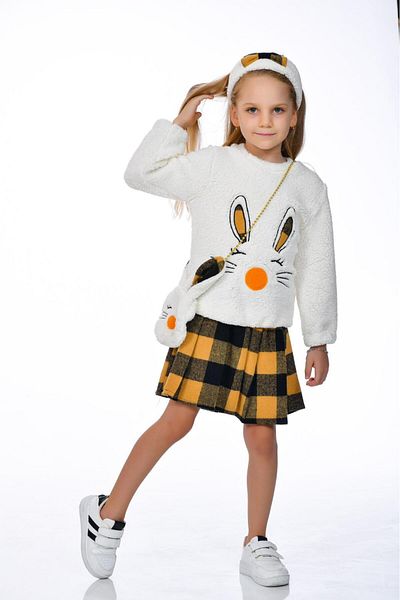 Kamex Plush Plaid Skirt Set for Girl - Bag and Bandana Accessory, Yellow Black