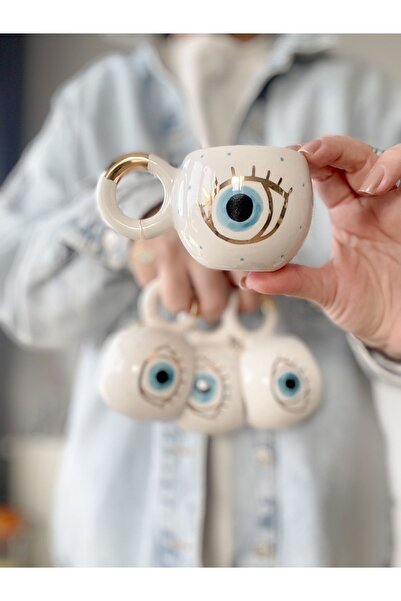 Mugtasarım قهوة تركية مزدوجة مطلية بالذهب عيار 24 قيراط مع عين الشر - سيتم إرسالها ككوب واحد وصحن واحد