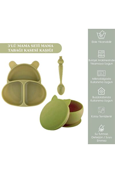 PONÇİK BEBEK 3'lü Silikon Mama Seti Beslenme Seti -mama Kasesi Vakumlu, Vakum...