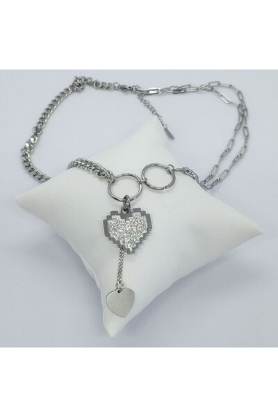 Ödül Moda قلادة قلب مزدوجة متدلية من الفولاذ الفضي