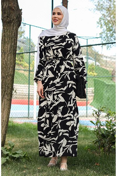 sefamerve Black and White Patterned Belted Dress - 0444-01
