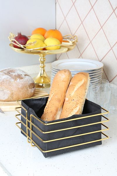 MultiStore Luxury Gold Stainless Square Bread Basket - Multi-Purpose, Black Fabric