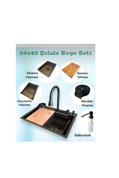 NURKA Ekser 65x45 Cm Akıllı Evye Seti Teknolojik Bataryalı Şelale Evye Siyah ...