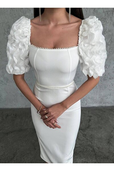 GİZONLY fırfırlı inci detaylı elbise