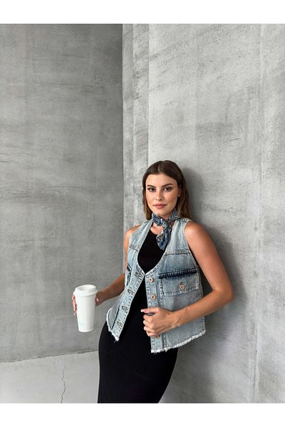 Elif Özbey Butik Ice Blue Jean Vest - With Cargo Pocket