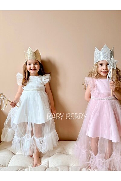 Baby Berry Baby store Bebek Çocuk Inci Ve Taş Detaylı Tütü Tüllü Uzun Doğum Günü Parti Özel Gün Elbisesi Pembe