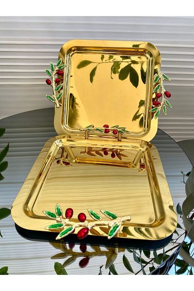 atabey home collection صينية ذهبية - صينية القهوة والشاي مكونة من قطعتين، موديل دالي الزيتون والكروس