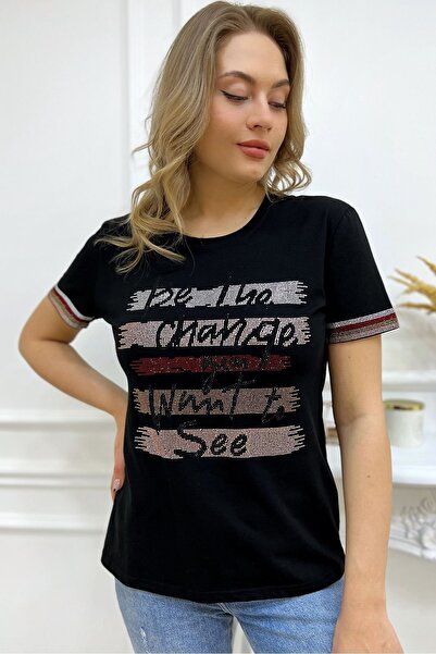 RICH GLAM Large Size Colorful Written Crystal Stone Short Sleeve Crew Neck Stylish Cotton Black Women's T-Shirt T-Shirt