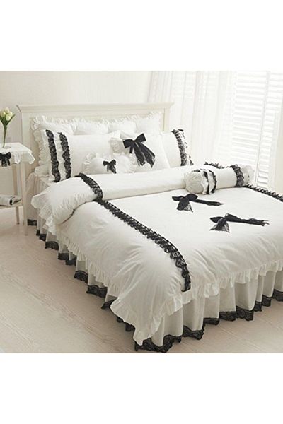 METİNEV Black Tulle Frilly White Cotton Satin Duvet Cover Set