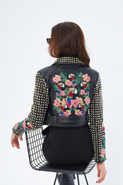 DIVALORE Strass Taşlı Nakışlı Hakiki Deri Biker Crop Ceket