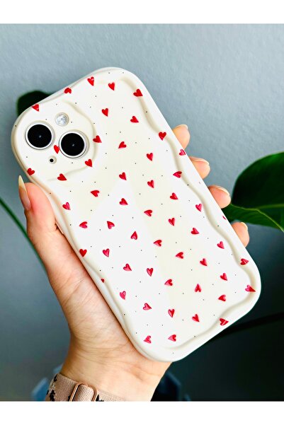 Go Aksesuar Red Hearts Print Patterned Silicone Case Compatible with iPhone 14 Plus and 15 Plus