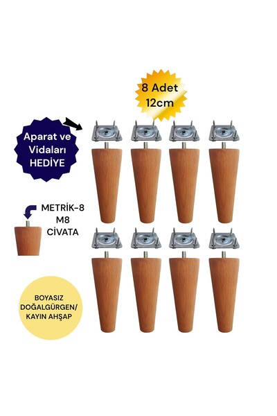 FTHome 8'li 12 Cm Ahşap Koltuk Ayağı Baza Ayağı Mobilya Ayağı Ahşap Ayak Çap:...