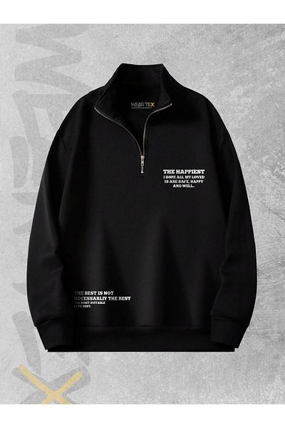 WEARTEX The Happiest Printed Half Zipper 3 Thread Sweatshirt
