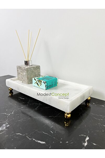 Modestmar Doğal Mermer Dikdörtgen Tepsi & Sunumluk & Düzenleyici 15x30 Gold T...