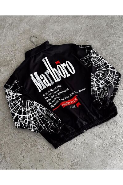 Lushen Unisex Y2k Paraşüt Kumaş Oversize Baskılı Siyah Rüzgarlık Yağmurluk Ceket