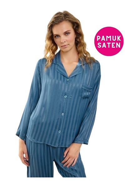 bie's Set de pijamale din satin de bumbac cu dungi albastre pentru femei - guler cămașă, mânecă lungă, buzunar la piept