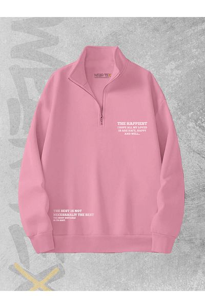 WEARTEX The Happiest Printed Half Zipper 3 Thread Sweatshirt