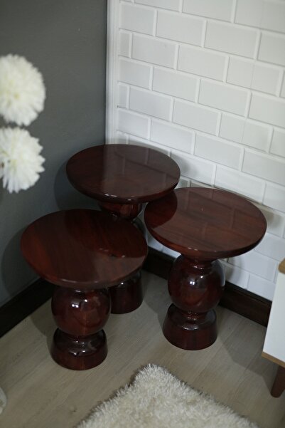 Simillo Home&Living Wood Wooden 3’lü Set Karpuz Model Mantar Yan Sehpa Modern Koyu Ceviz Renk Fiskos